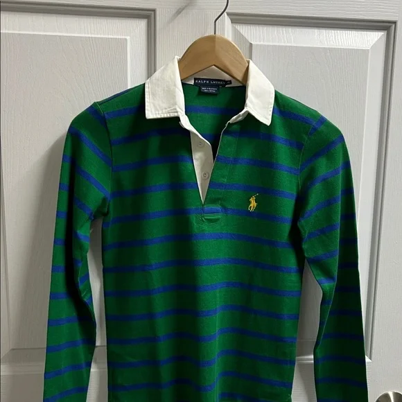 Polo Ralph Lauren women’s Green Blue Striped Long Sleeve Polo size xs - Picture 2 of 6
